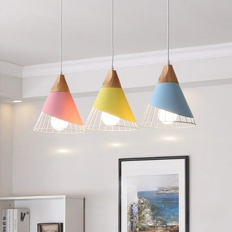 Nordic Minimalist Macaron Pendant Light Iron Solid Wood E27 Lamp Decorative Lighting for Dining Room Bedroom Living Room Home