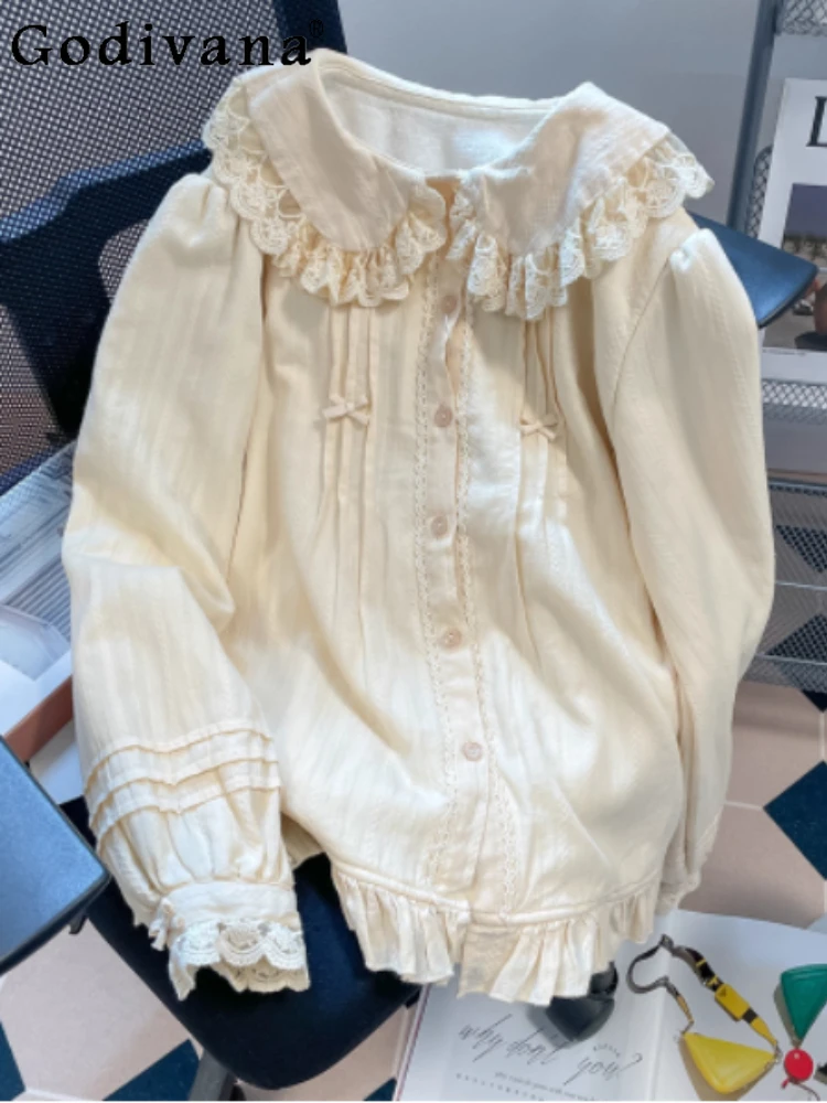 

Весенне-осенняя японская милая кружевная милая рубашка с воротником Питера Пэна, женская свободная возрастная корейская рубашка в стиле Лолиты с длинными рукавами