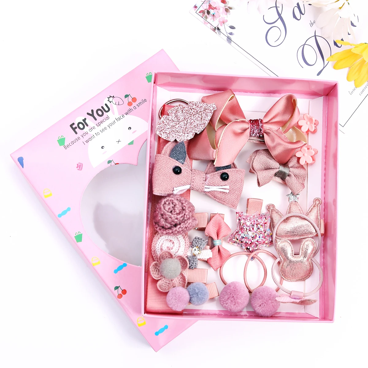 18Pcs Hair Clips Set Girls Hair Accessories Cute Headwear Bow Flower Animal Elastic Hair Bands Children Hairpin Cartoon Gift