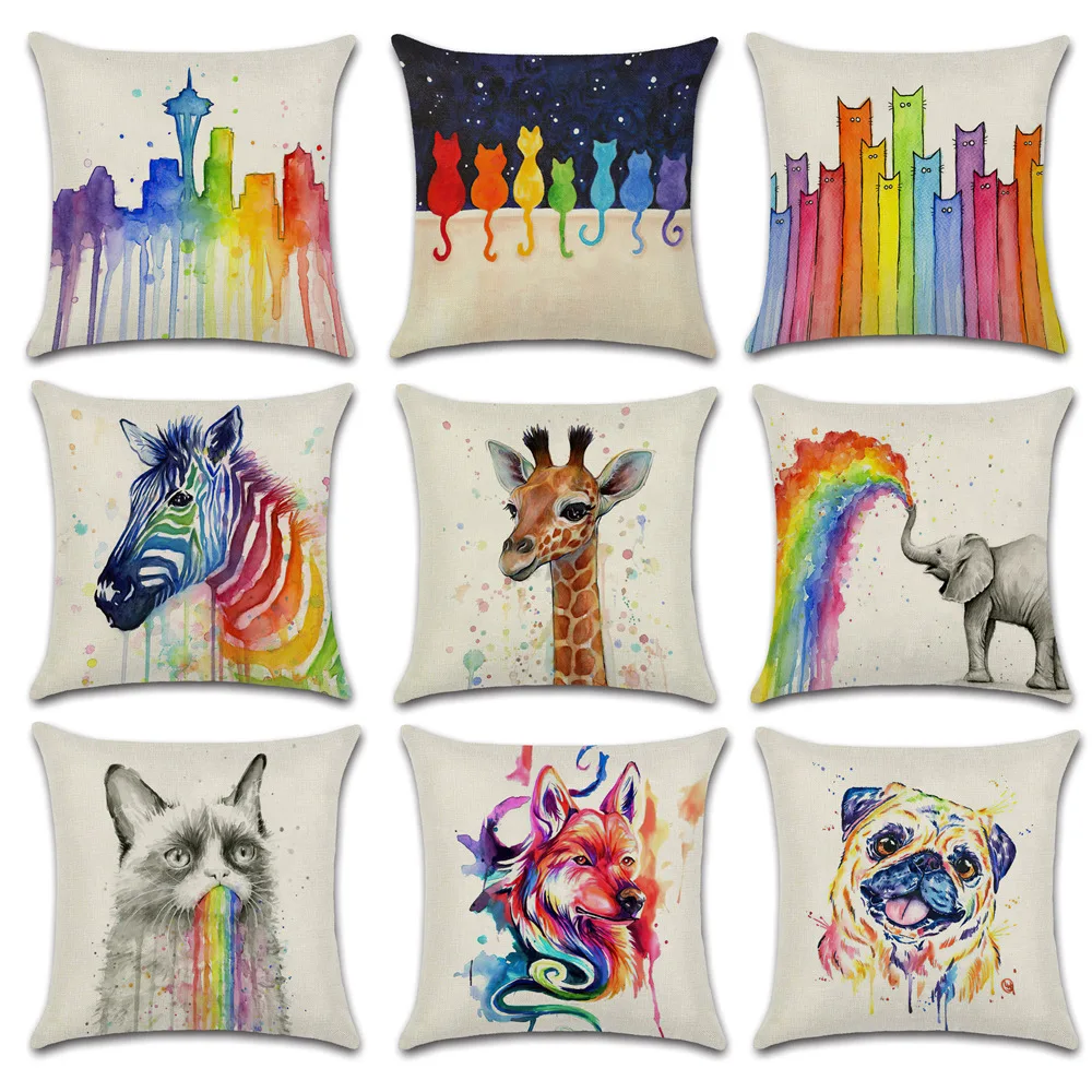 Rainbow Animal Pillows Case Colorful Dinosaur Cat Pillow Covers Decorative for Bed Sofa Living Room Bedroom Pillowcase 40x40 Cm