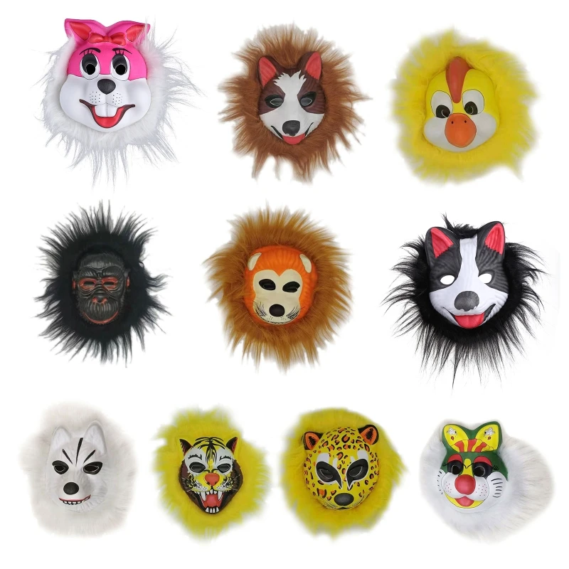 Halloween Carnival Animal Mask Realistic Rabbit Wolf Lion for Head with Faux Plush Hair Trim Masquerade Party Cosplay Costume