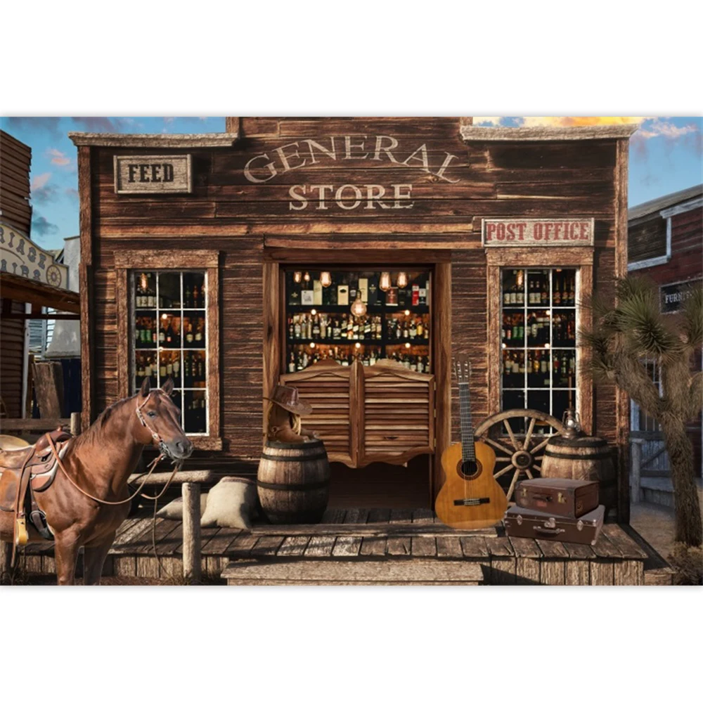 Laeacco Western General Store Photography Backdrop Wild West Town Rustic Post Office Horse Country Cowboy Birthday Background