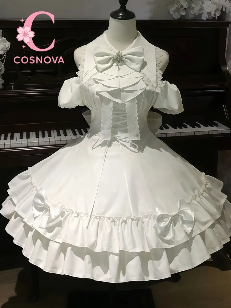 Janpanese Sweet Lolita Cute Bow Waist Dress Women Summer Elegant Princess Style White Ruffle Lace Up Party Dress Y2k Aesthetics