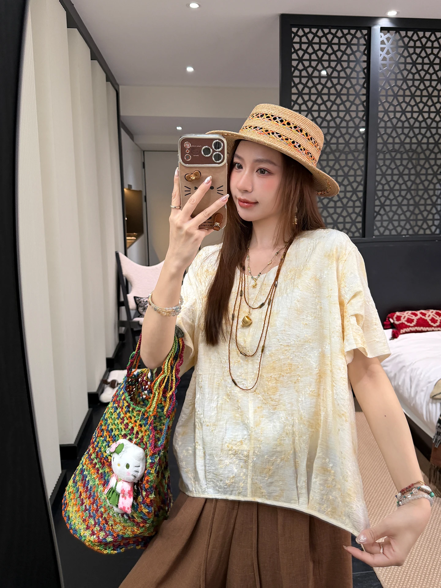 

Yellow U-Neck Pleated Commuter Versatile Top by Zhang Sheshi Korean Style Loose Fit Short Sleeve Lace Shirt for Women