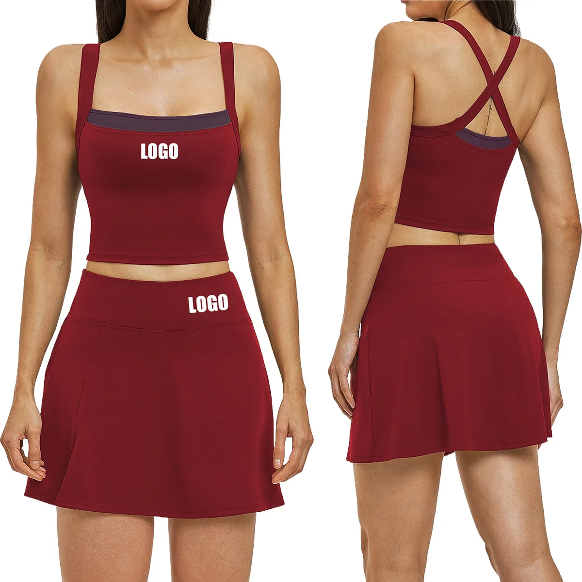 

Женский спортивный комплект с индивидуальным логотипом: топ и юбка для йоги, тенниса и бега, быстросохнущий, с красивой спинкой, двухкомпонентный.