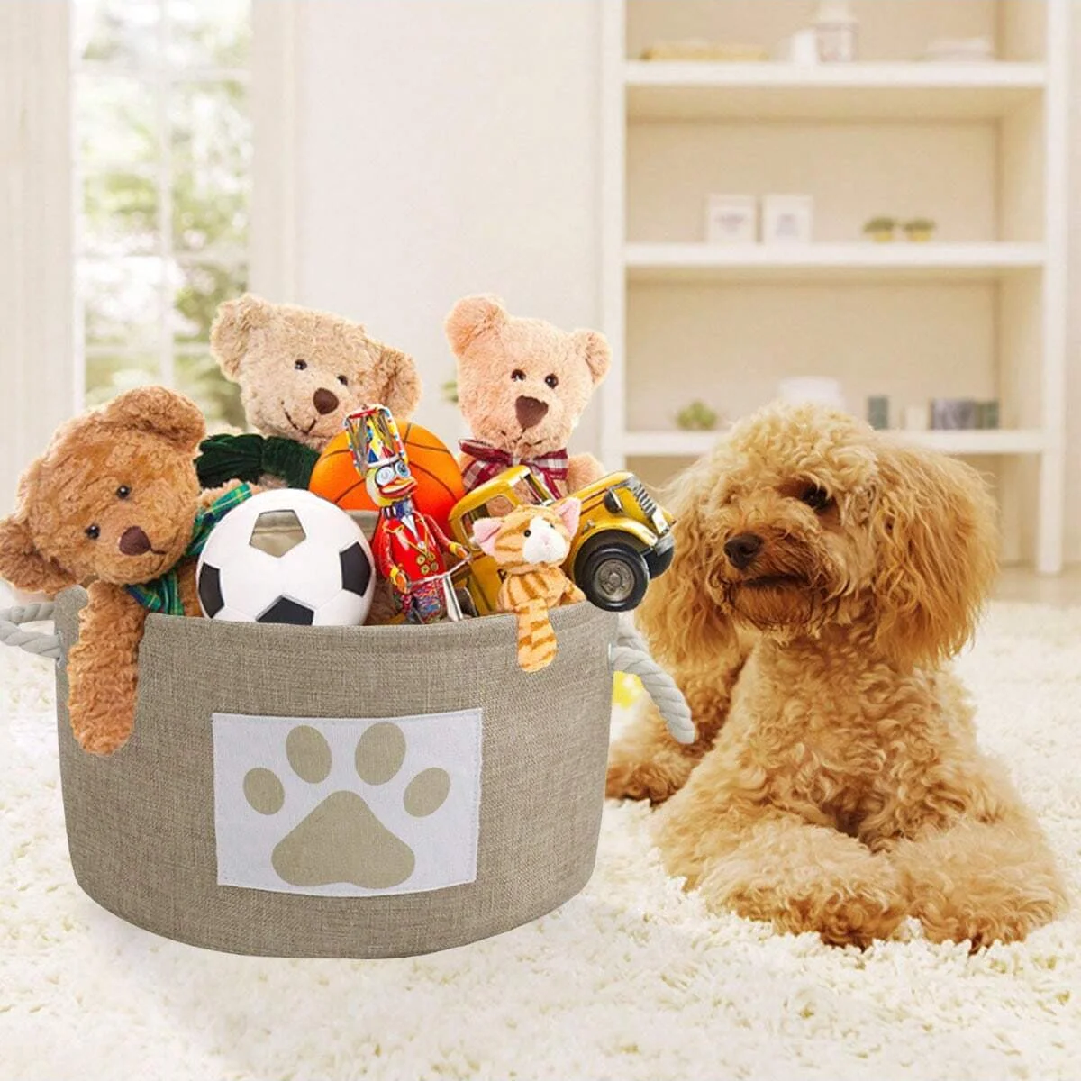 1pc-Foldable striped pet toy basket, dog toy storage box with woven rope handle, pet storage box for dog toys and accessories