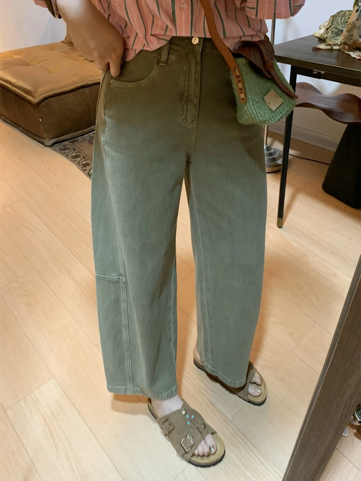 

QinEition Women's High Waist Straight Leg Jeans 9 Length Mint Green Cotton Workwear Slimming Bootcut Pants for Pear Shaped