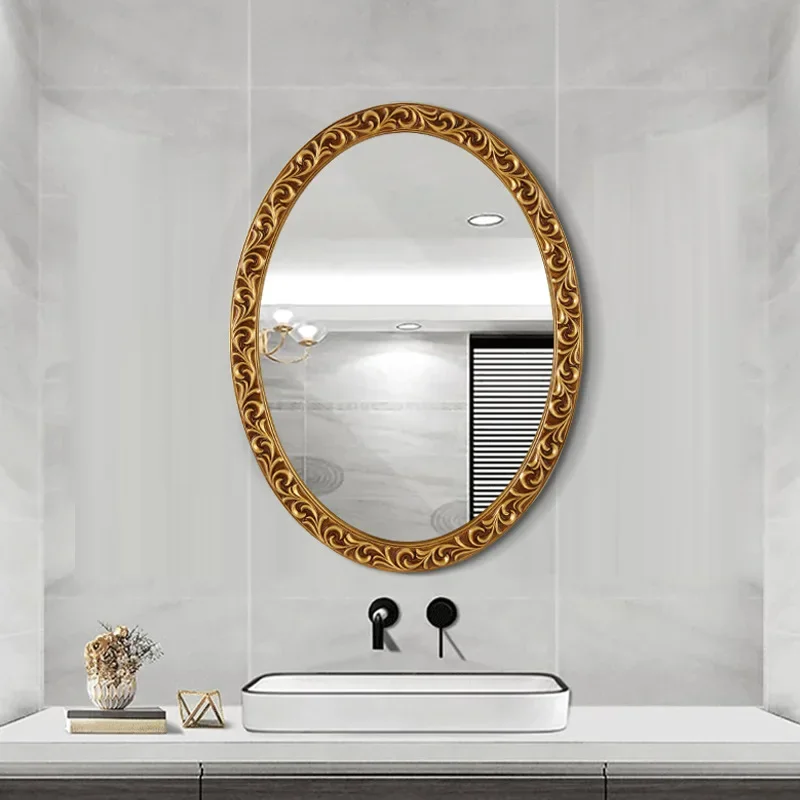 New oval bathroom mirror European retro imitation wood carving flower art photo frame decorative mirror bathroom mirror