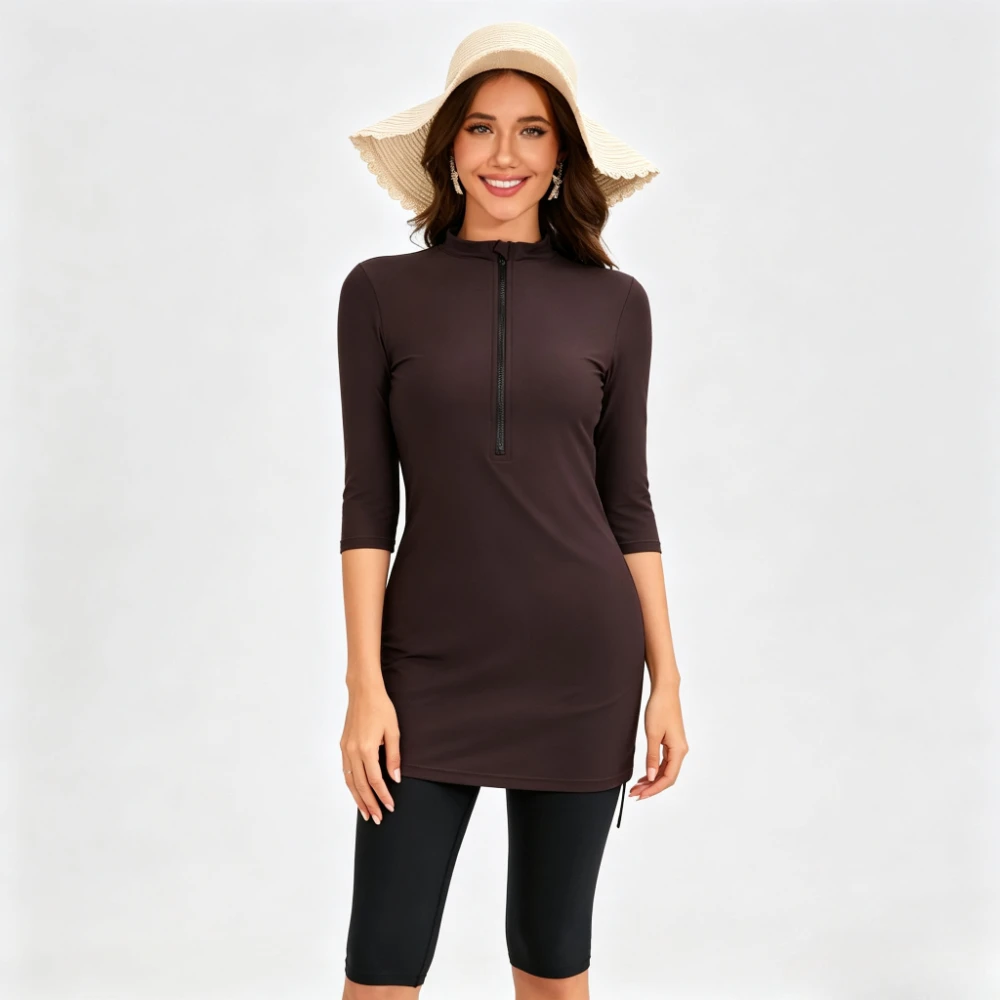 Solid  2 Piece Modest Burkini Swimwear Front Zip 3/4 Sleeve Tunic Top + Knee Length Capri Leggings UPF Muslim Beach Swimsuit Set