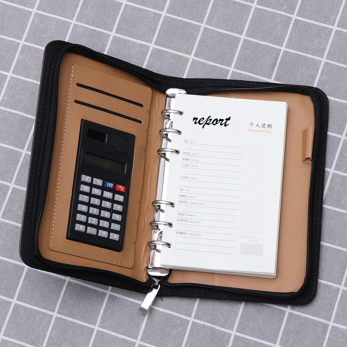 

Loose-leaf Calculator Business Notepad Zipper Design Travel Agenda Manager Black A6 Faux Organizer Storage Pocket