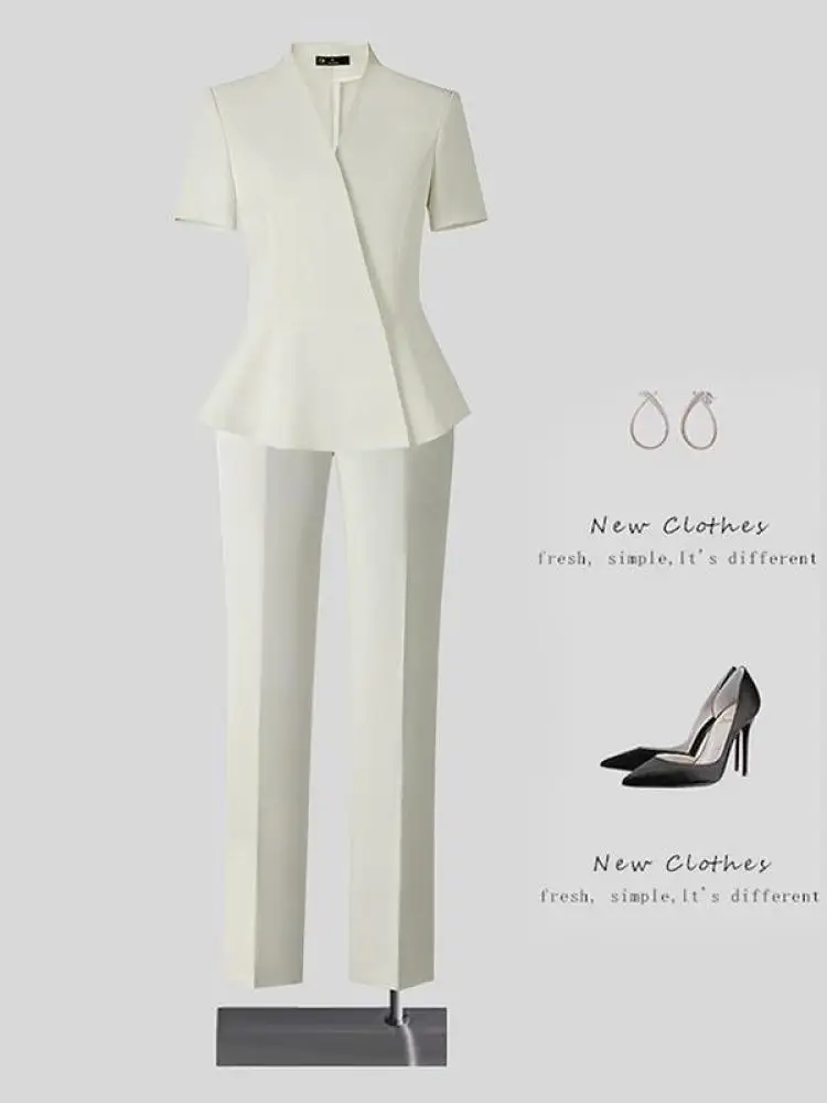 Tuta da lavoro professionale da donna estiva Giacca blazer a maniche corte con scollo a V solido e pantaloni alla caviglia a vita alta Nuovo set da due pezzi