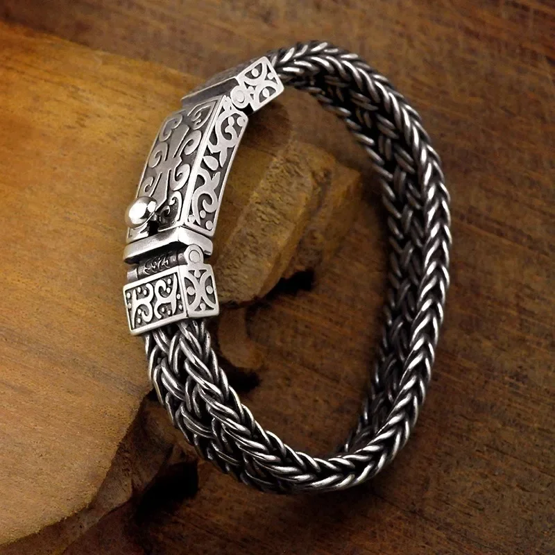 XiYuan Silver Color Retro Thai Handwoven Wide Plate Thick Bracelet Trendy Men Dominant Men's Fashion Jewelry