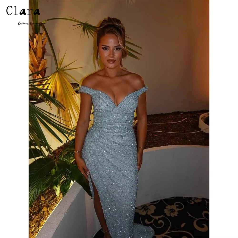 

Clara Custom Shiny Side Slit Off Shoulder Sleeveless Elegant Dresses 2025 Woman Luxury Women's Evening Dresses Prom Dress Party