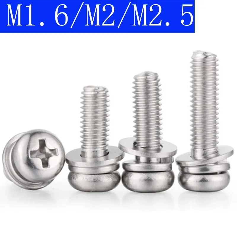 M1.6  M2 M2.5  304 Stainless Stell Cross Recessed Pan Head Screw, Spring Lock Washer and Plain Washer Assemblies Phillips