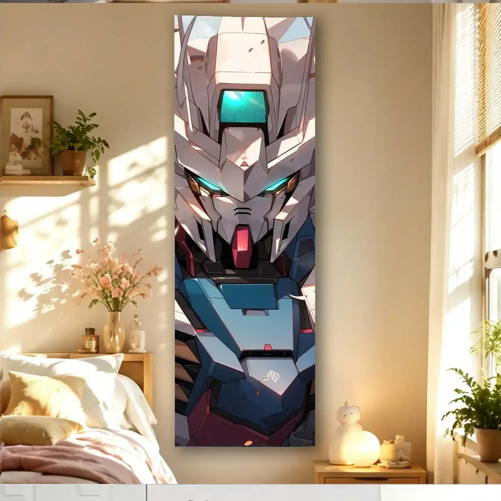 Close Up Gundam White Blue Red Armor Teal Glowing Eyes Vertical Tall Mecha Anime Tapestry Boys Man Cave Decor Cloth
