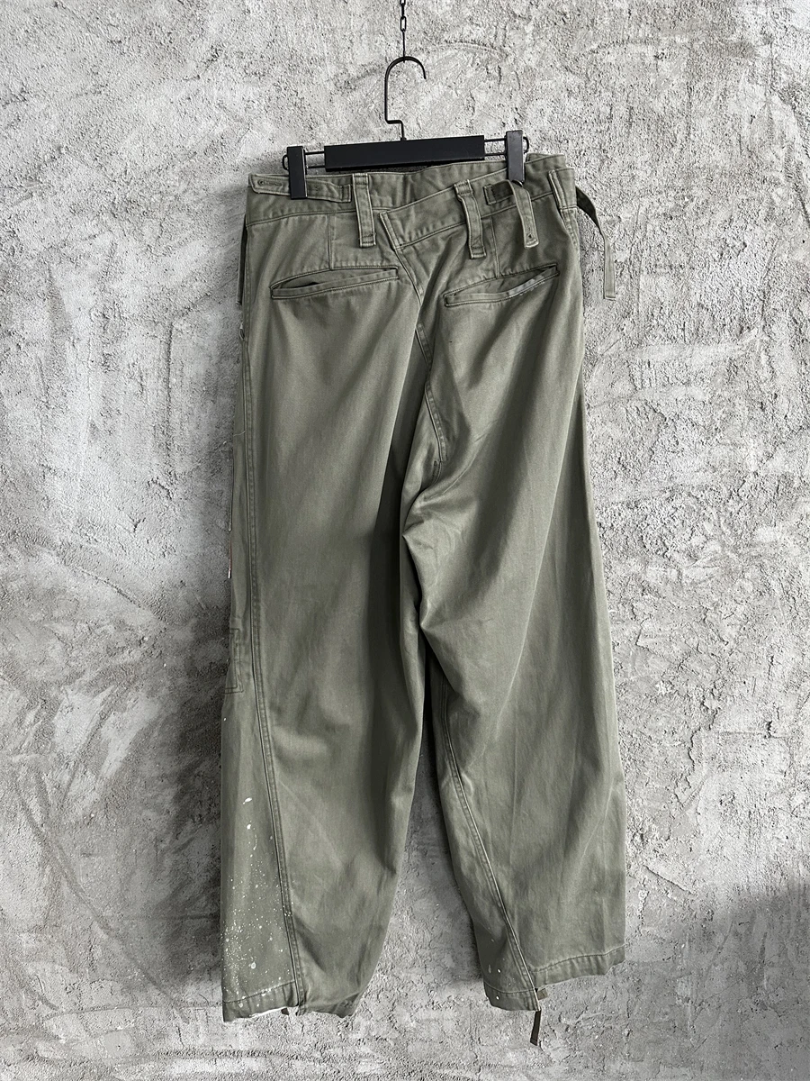 Deconstructing Multi-Pocket Splash-Ink Washed Distressed Wide-Leg Pants Outdoor Loose Overalls Army Green Retro Straight-Leg