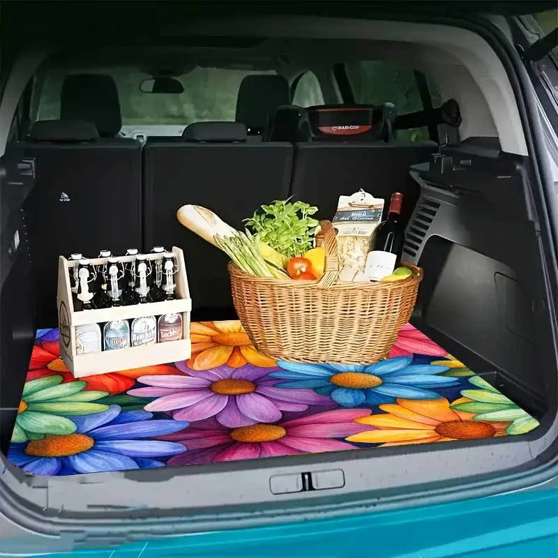 VIKAMA Rainbow Floral Trunk Mat Wear Resistant Non Slip Universal Cargo Liner Colorful Car Interior
