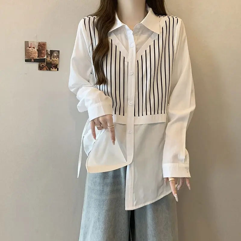 

Designed Fake Two-piece Striped Shirt for Women in Spring Autumn Plus Size Fat Fashionable and Age-reducing Waist-slim Shirt Top