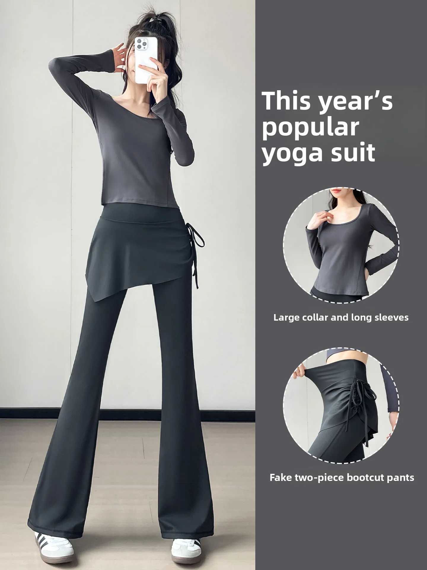 

Women's Yoga Dance Sportswear Set High Waist Bell Bot Long Sve round Ne T-irt Pilates Training Fitn Outfit