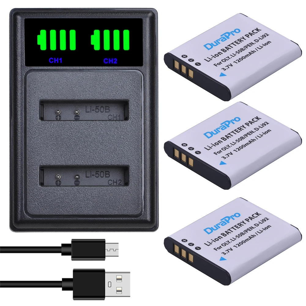 DuraPro 1200mAh Li-50B D-LI92 Li 50B D LI92 Battery+LED Charger with Type C Port for Olympus SP 810 800UZ u6010 u6020 u9010 SZ14