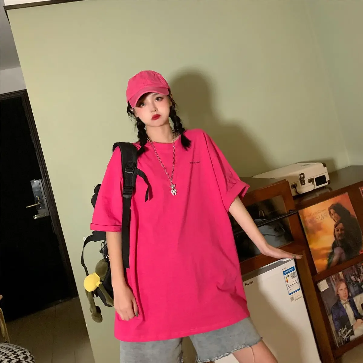 Top Female Baggy Women's T-shirt Purple Short Sleeve Cotton Clothing Trending Korean Style Aesthetic with Sleeves Streetwear Emo