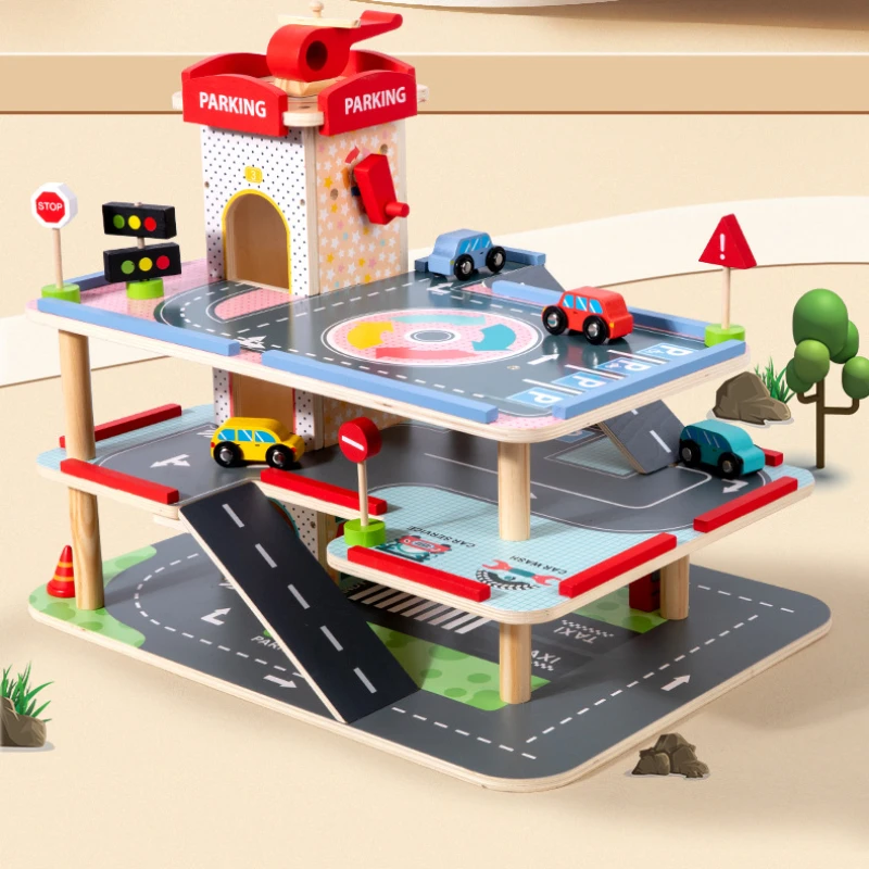 Holz Simulation Parkplatz kinder Spielzeug Fahrzeug Modell Kit Bausteine Diy Diorama Montessori Bildung Beschäftigt Brettspiele