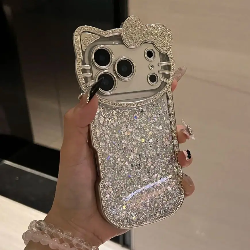 

Блестящий чехол для телефона Hello Kitty, 3D-чехол с блестками и стразами для iPhone 17 16 15 14 Pro Max, милый защитный чехол на весь корпус