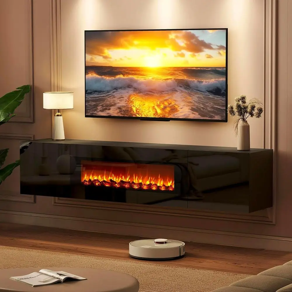 

Подвесная тумба под телевизор 70 дюймов с камином, настенный развлекательный центр с камином, глянцевый ТВ-шкаф для гостиной/спальни