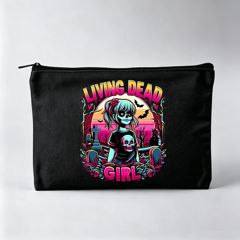 Women's Skull Graphic Makeup Bag with Typography Print, Halloween Style Cosmetic Pouch for Casual Use