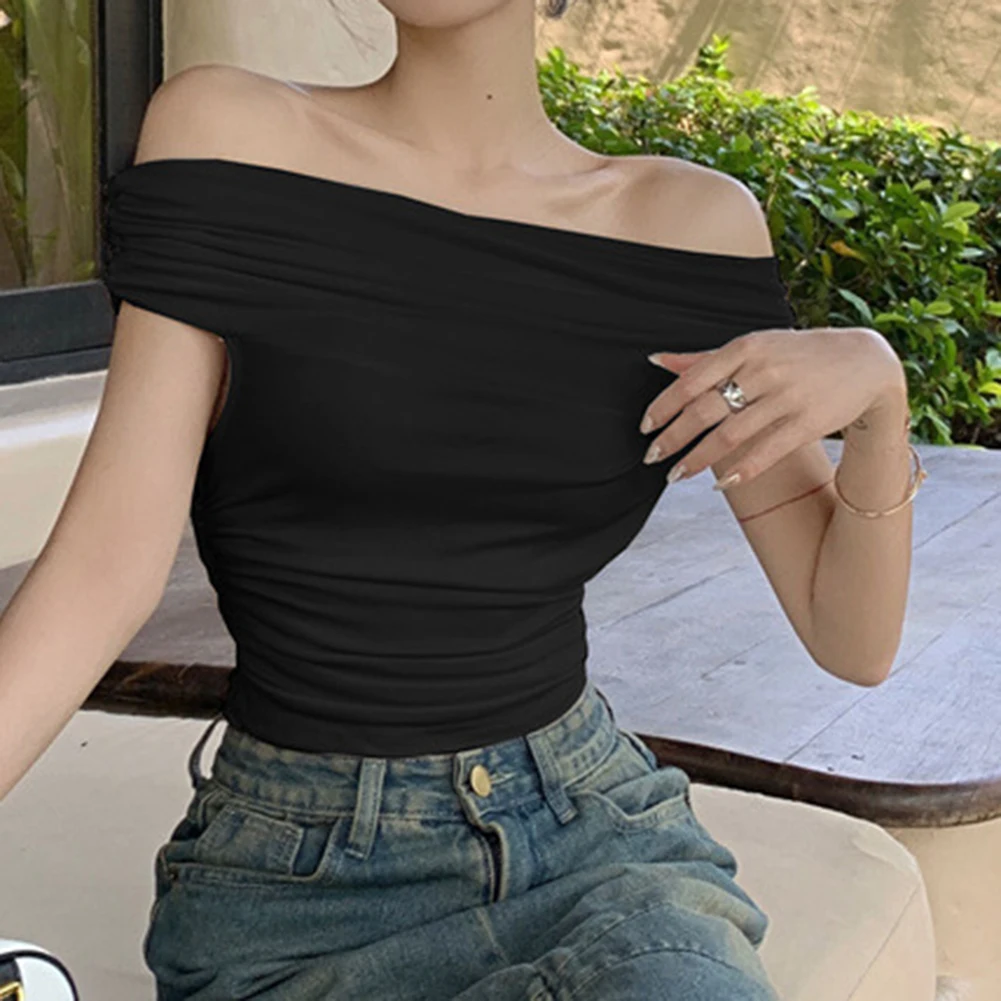 Summer Outings Casual Wear For All Seasons Sexy Off-shoulder T-shirt Hot Girls Off-shoulder T-shirt Tops Dark Grey