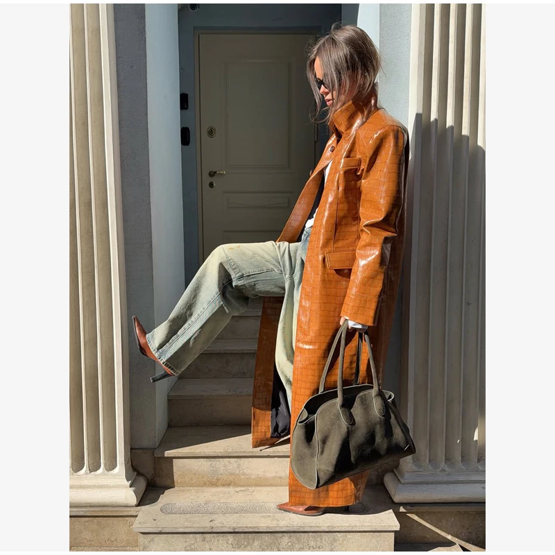 Crocodile Embossed Faux Leather Long Jackets Chic Wide Lapel Belted Waist Quarter Sleeve Loose Coat Women Street Chic Outfits