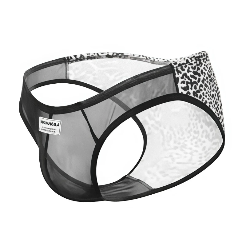 Men Mesh Briefs Leopard Snake Print Transparent Backless Bikini U Pouch Cool Panties Erotic Lingerie Nylon Breathable Underwear