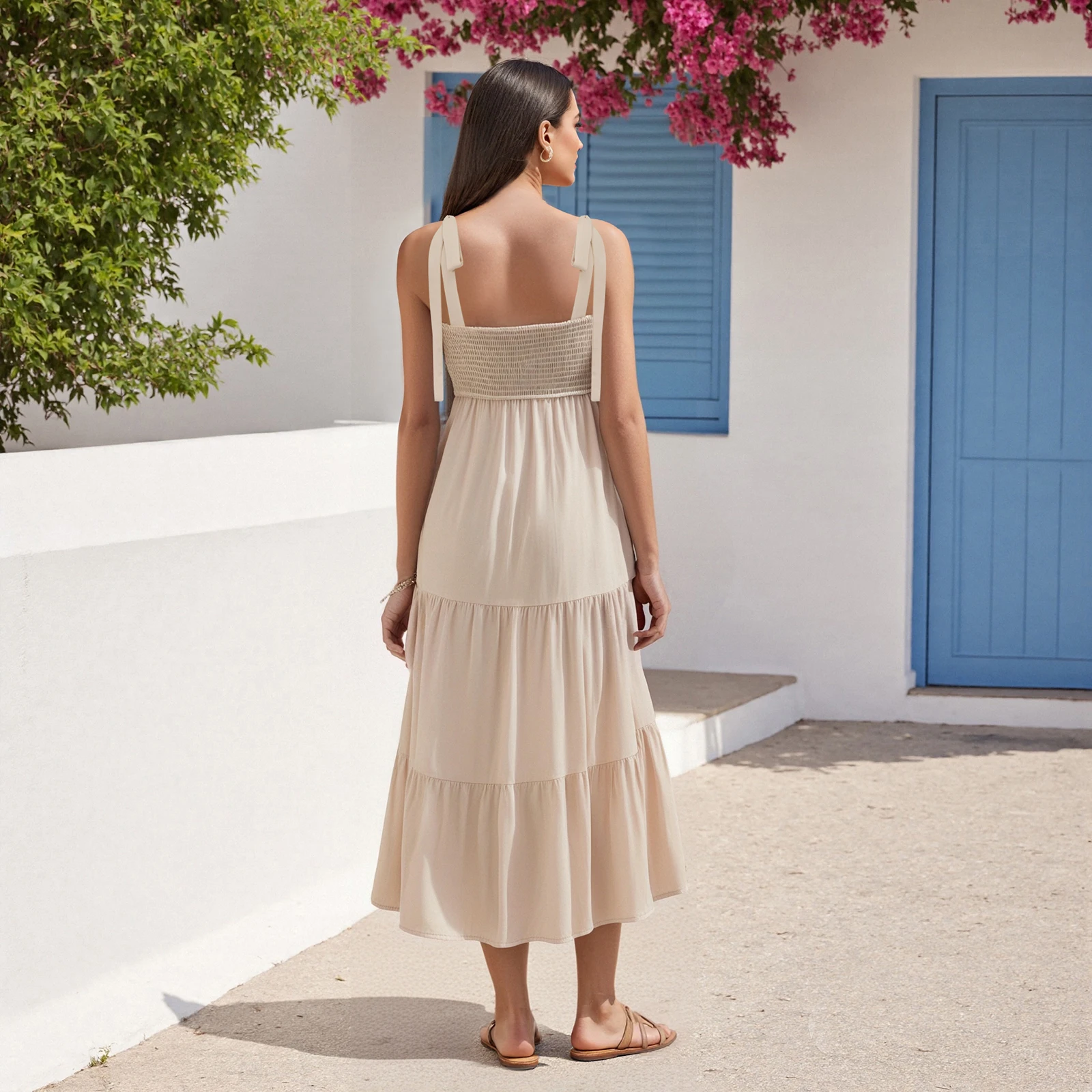 Vestido feminino boho com gravata e ombro, estampa geométrica, pescoço quadrado, sem mangas, costas abertas, linha A, vestido midi com babados em camadas