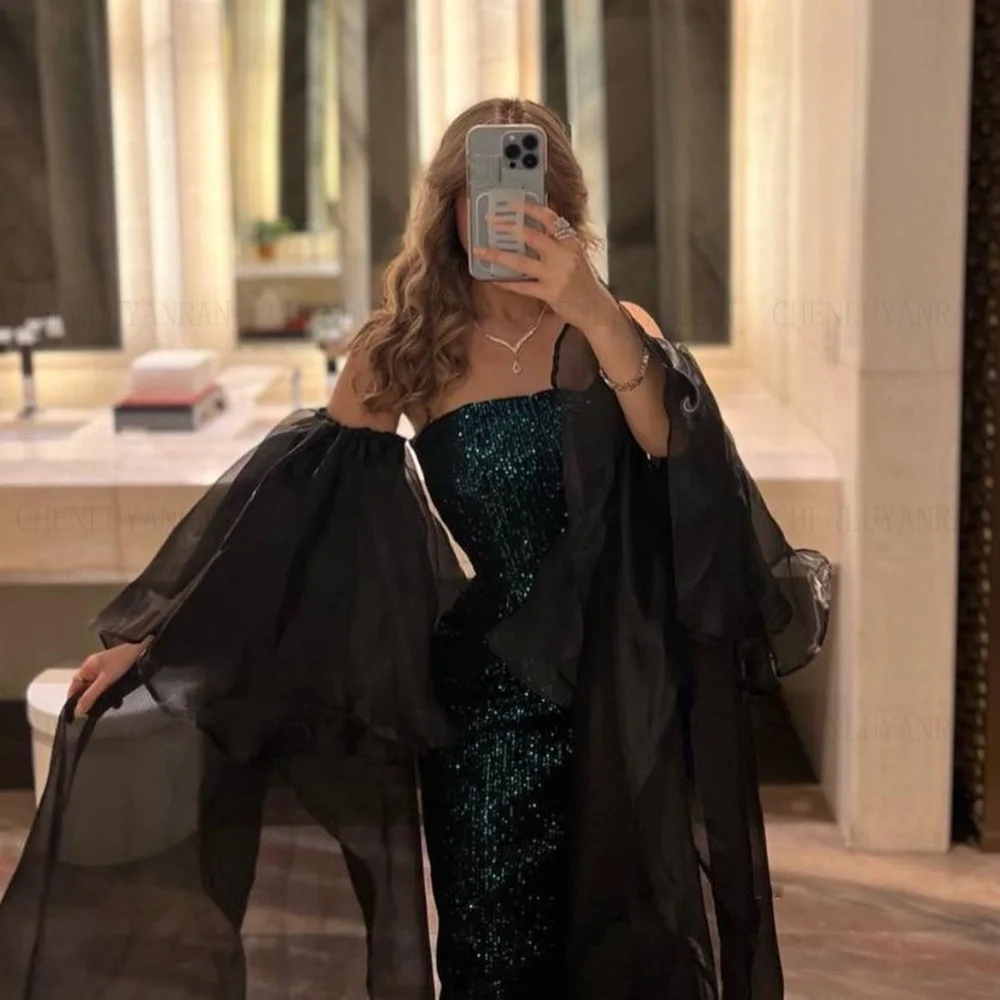 Exquisite Strapless Formal Occasion Dresses 2023 Puff Sleeves Mermaid Party Dress Sequin Sexy Long Evening Gowns فساتين حفلات