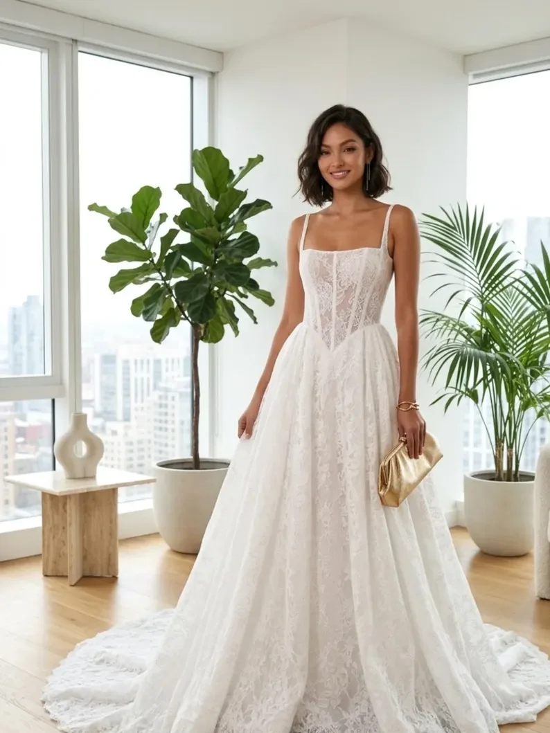 Spaghetti Strap Square Neck Wedding Dress Vintage Lace A‑Line Bridal Gown Corset Bodice Court Train Custom Size Vestidos De Novi