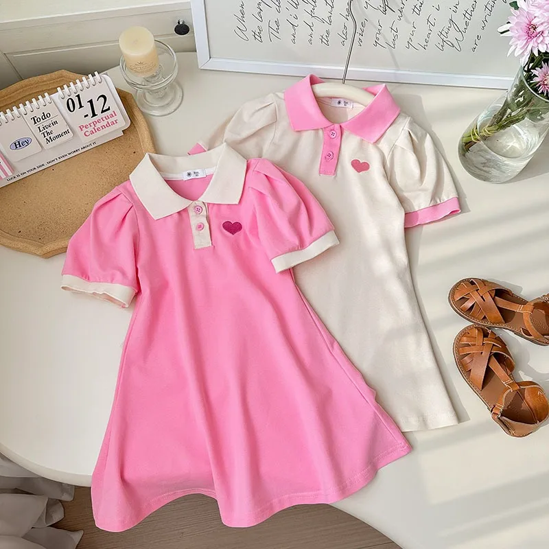 Mädchen-Kleid aus Baumwolle mit Reverskragen, niedliches einfarbiges rosa A-Linien-Kleid, lässiges, hautfreundliches Alltagskleid für Kinder