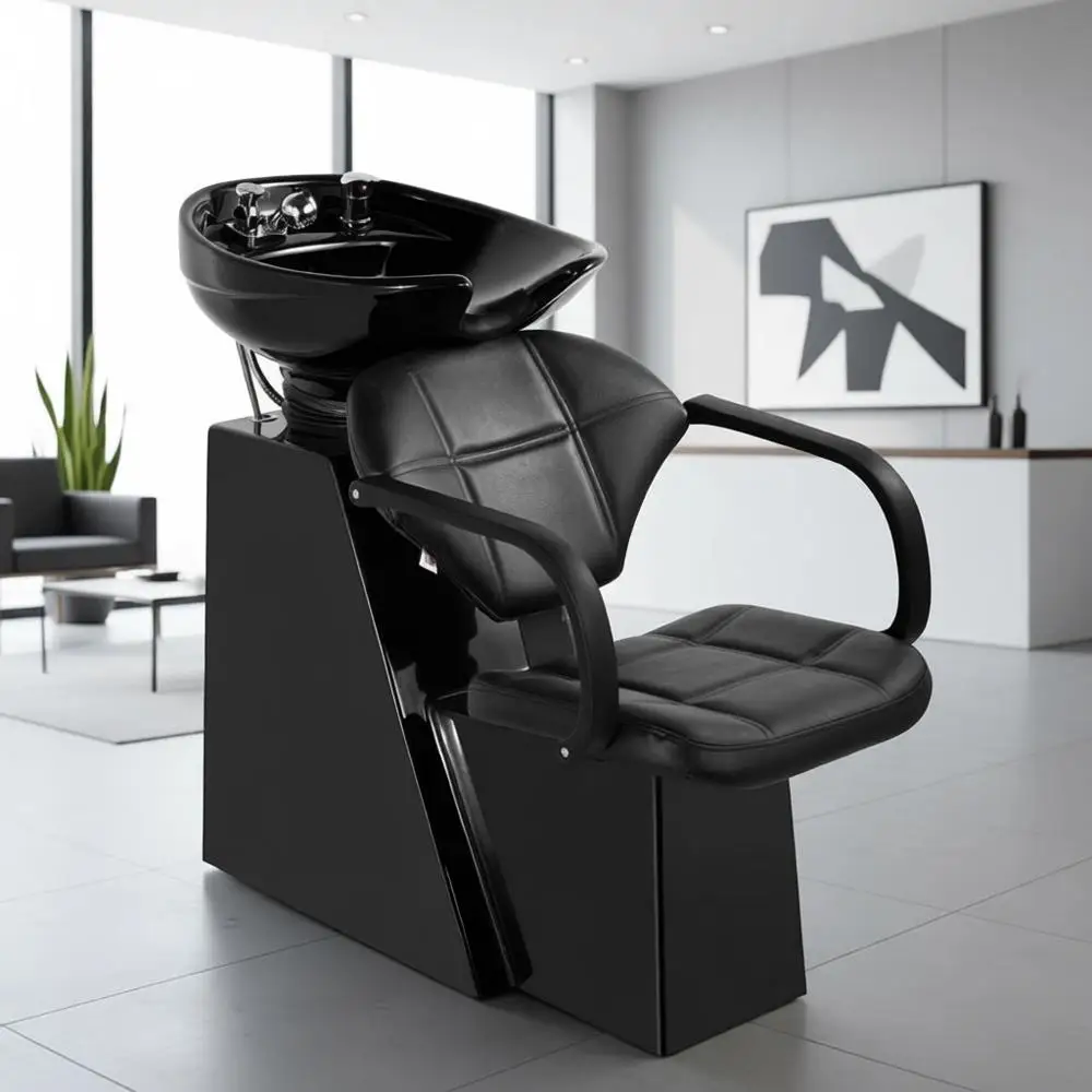 

Adjustable Shampoo Bowl Backwash Barber Chair with Rubber Rest for Beauty Spa (Black)