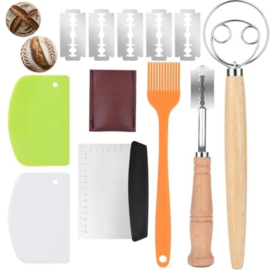 

Danish Dough with Sourdough Scoring Tool-Bread Whisk Set of 6 Pieces-Dough Hook, Dutch Whisk, Bread Lame, Bench Scraper and Pas