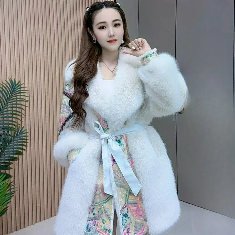 

Осень/зима 2026, новое модное тяжелое пальто с блестками и кисточками, средней длины, экологически чистая теплая верхняя одежда из меховой травы