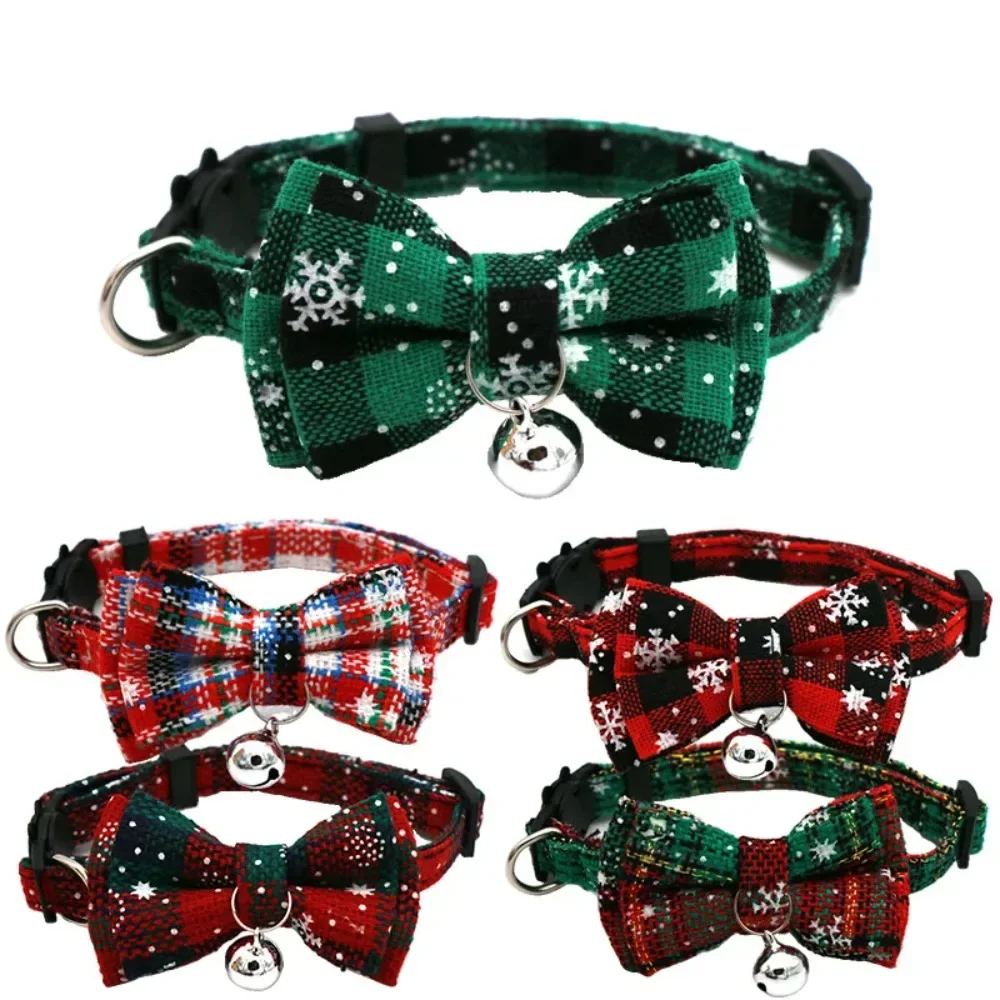 

Cat Collar Christmas Bowknot Cat Small Dog Collar with Bell Plaid Snowflake Adjustable Breakaway Pet Kitten Buckle Necklace