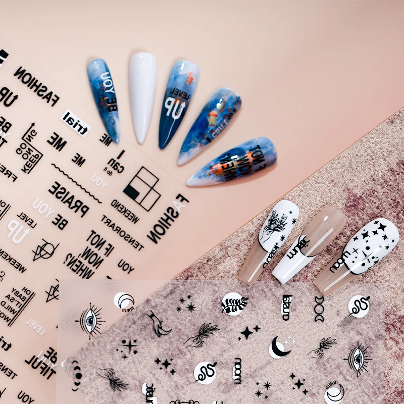 Letter Plaid Cat Animal Mysterious Moon Eye of Providence Nail Sticker Black White Simple Gothic Nail Art Manicure Nail Supplies