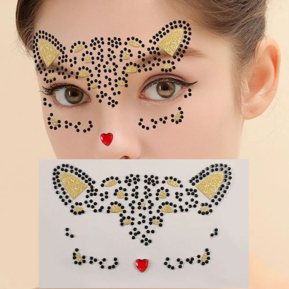 Natural Acrylic Diamond Cat Face Tattoo Long Lasting Waterproof Fake Cat Face Stickers DIY Professional Tattoo Stickers Girls