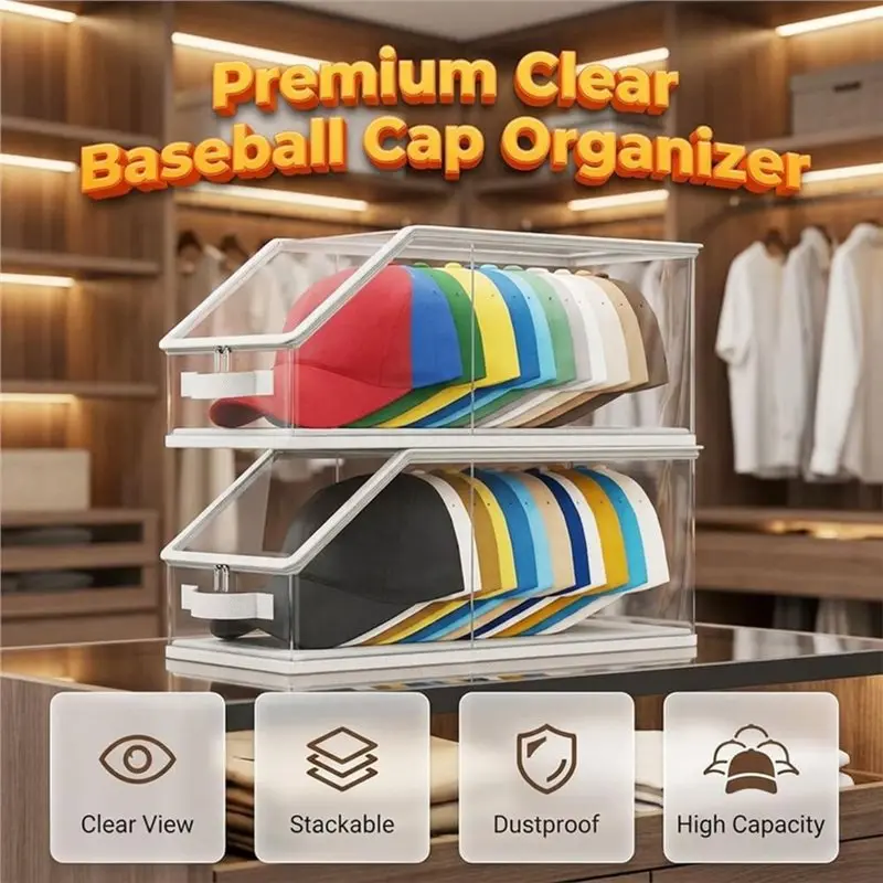 M11K-2PCS Stackable Hat Storage For Baseball Caps, Clear Hat Organizer For Closet Holds Up To 24 Caps, Men's Hat Box Display