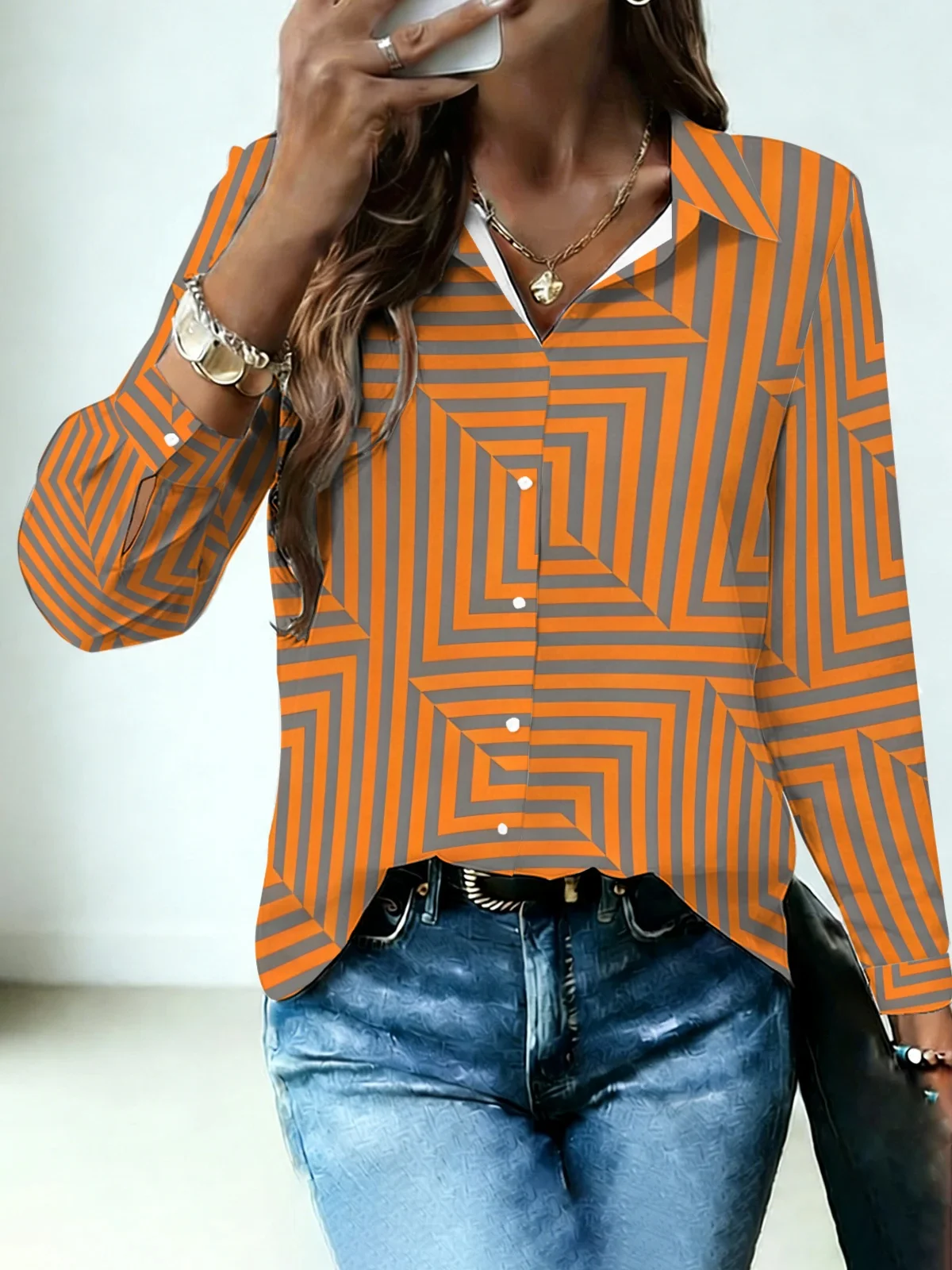 Modern Line Geometric Womens Collared Shirt Grey Orange Concentric Square Allover Print Long Sleeve Gentle Minimalist Dating Blo