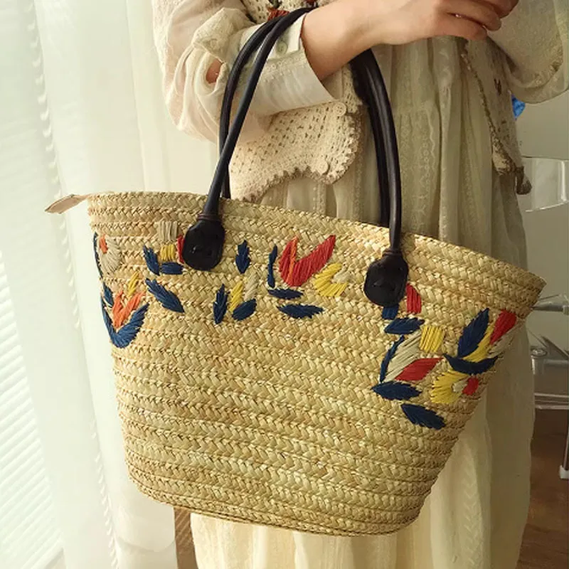 Large capacity tote bag fashion embroidered grass woven women bag shoulder bag summer vacation beach bag women  handbag