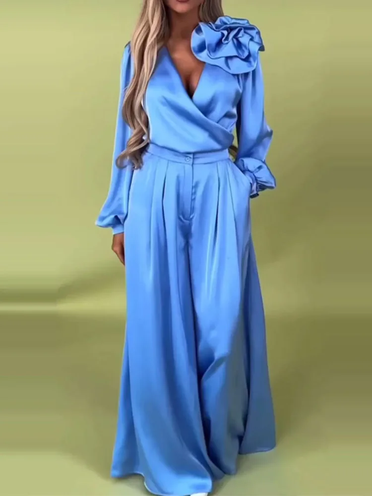 넓은 다리 바지 간단한 솔리드 복장, 여성 봄 여름 긴 소매 풀오버 탑 2PCS 세트, V 넥 버튼 플라이 세련된 숙녀 정장