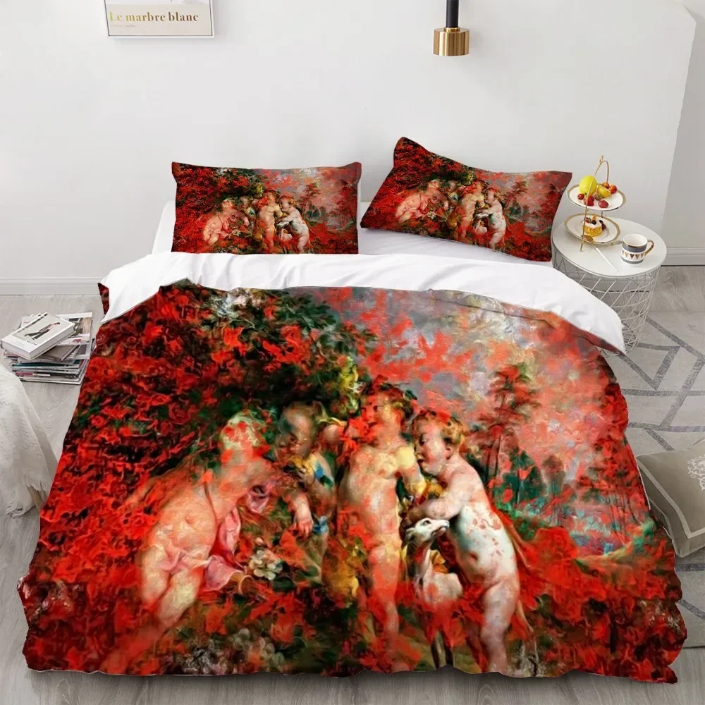 2/3 Pieces Angel Oil Painting Bedding Set Ancient Art Duvet Cover Cartoon Warm Bed Quilt Cover Kids Bedroom Bed Cover Set Green