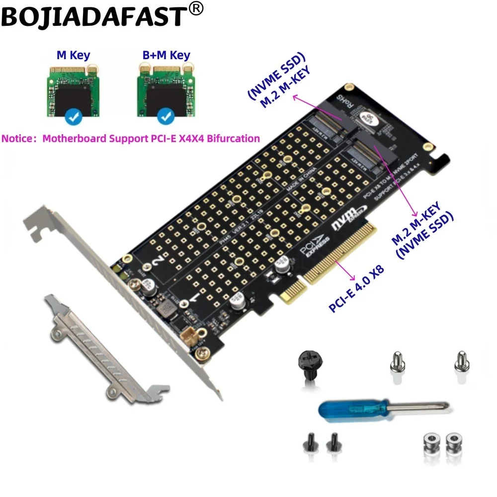 PCI-E 4.0 8X To Dual 2 M.2 M-Key SSD Adapter Expansion Card for 2280 22110 M2 NVME SSD MB Support PCIe X4X4 Bifurcation