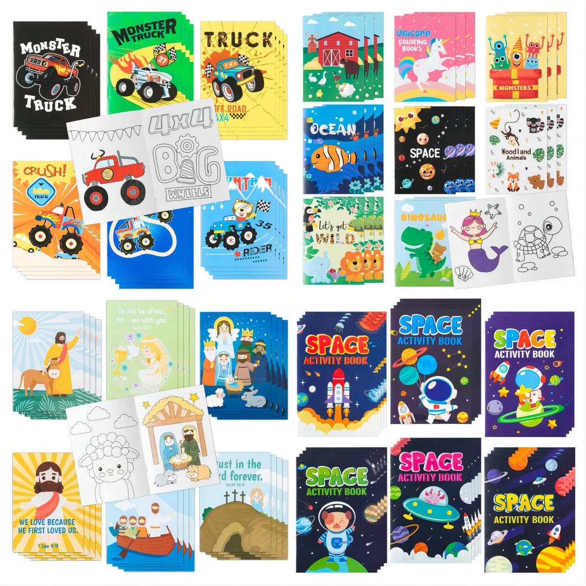 24Pcs Cartoon Puzzle Coloring Book Set,Kids Favor Space/Monster Truck/Scripture/Animals Painting Book For Birthday,Anniversary