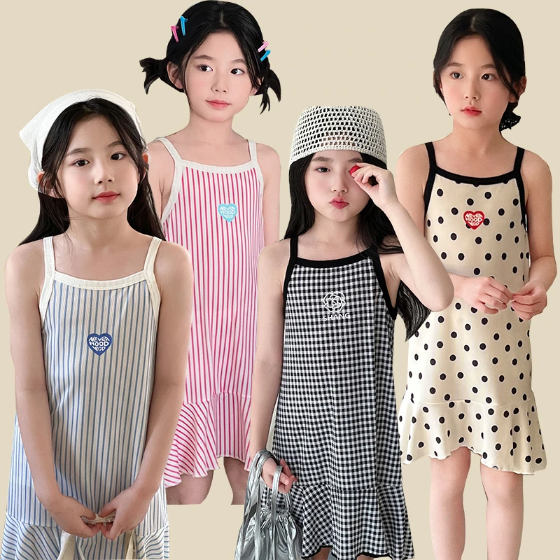 Girls\' Summer Cotton Dresses Children\'s Fashion Dresses Thin Girls\' Halter Dresses Children\'s Flower Dresses Dot Dresses Plaid D